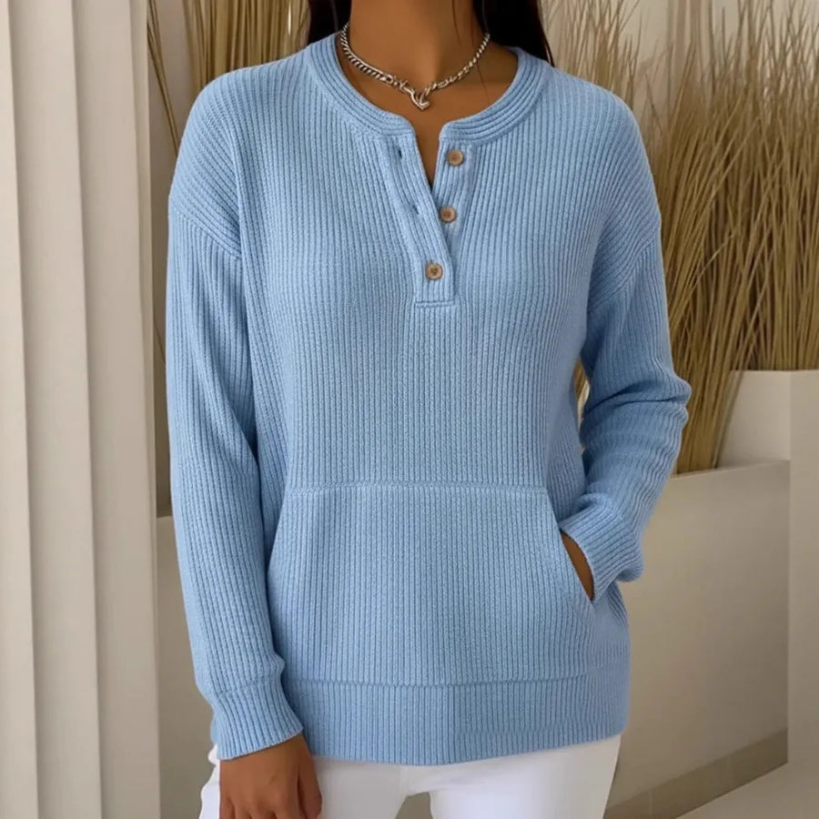 Aileen | Women's Ribbed Henley Sweater, Button Neck Knit Pullover with Pocket