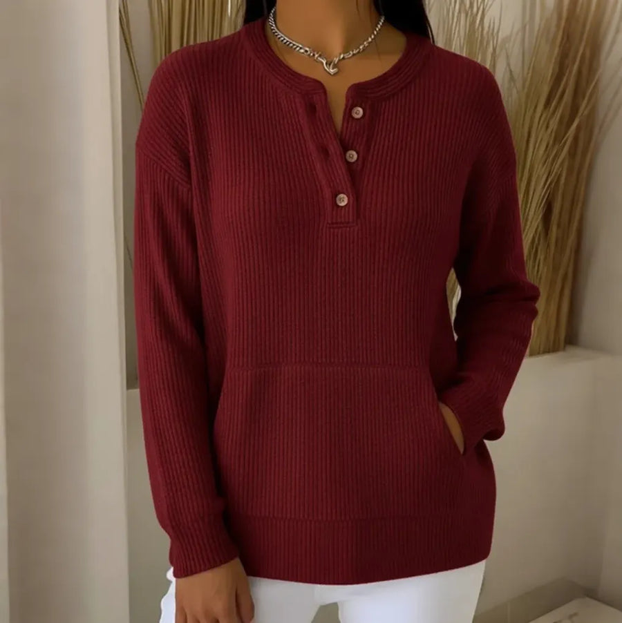 Aileen | Women's Ribbed Henley Sweater, Button Neck Knit Pullover with Pocket