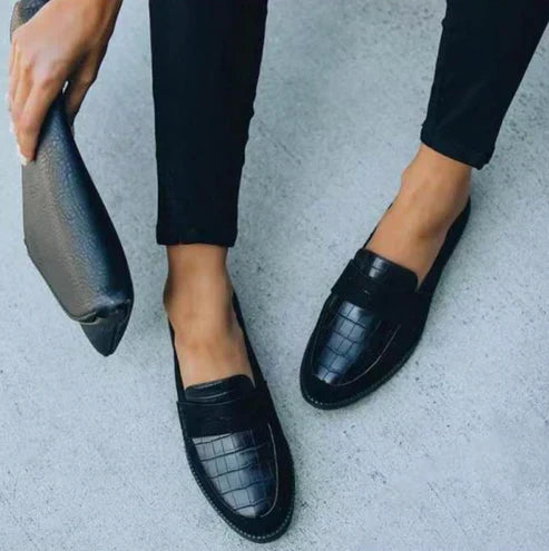 Mariluz | Women's Croc-Textured Vegan Leather Loafers, Padded Slip-On Comfort Loafers