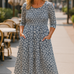 Meliora | Women's A-Line Midi Dress, 3/4 Sleeve Casual Dress with Side Pockets