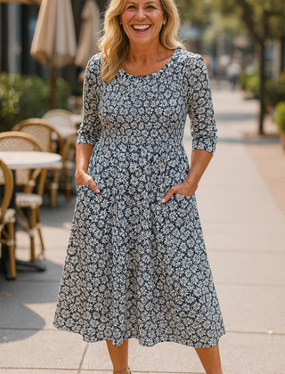 Meliora | Women's A-Line Midi Dress, 3/4 Sleeve Casual Dress with Side Pockets