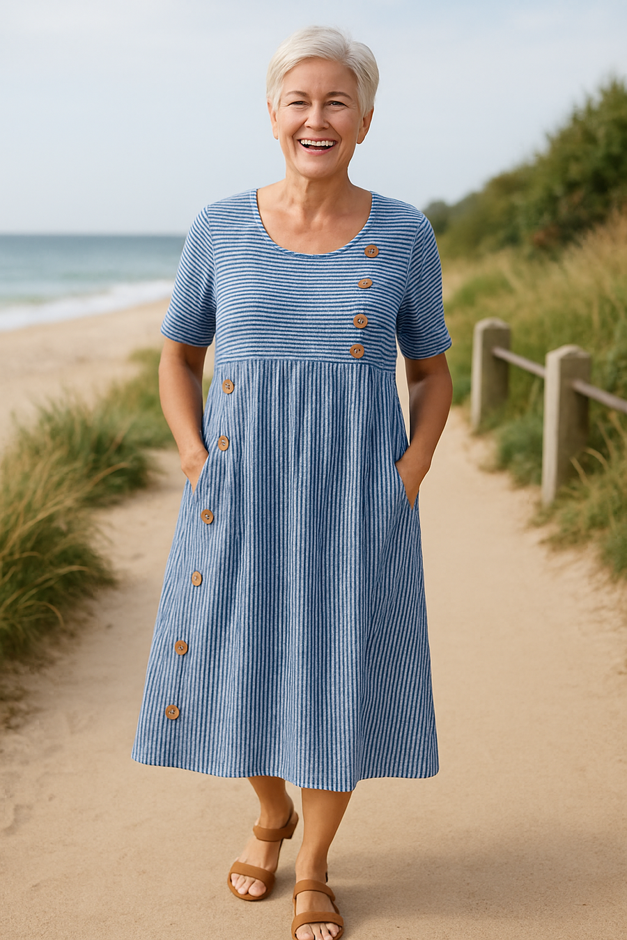 Brienne | Women's Striped A-Line Midi Dress, Everyday Casual Dress with Pockets