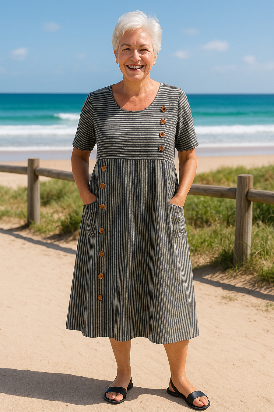 Brienne | Women's Striped A-Line Midi Dress, Everyday Casual Dress with Pockets