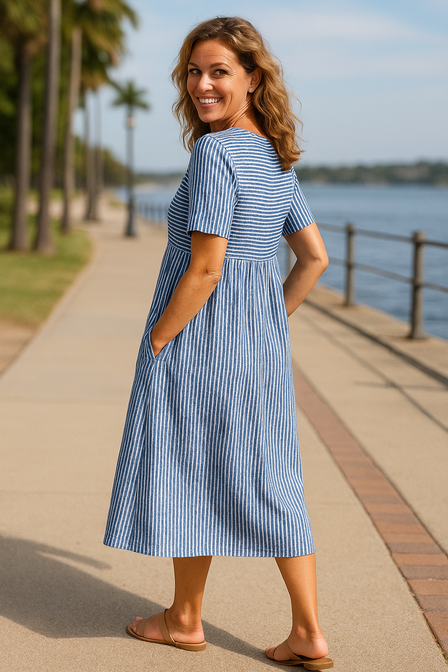 Louise | Women's Striped A-Line Midi Dress, Lightweight Polyester Dress with Pockets