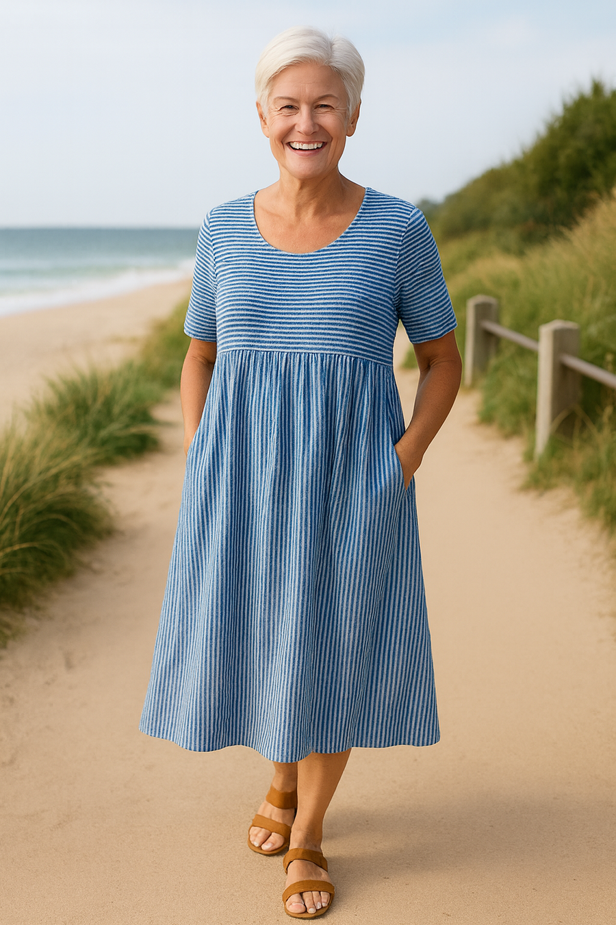 Louise | Women's Striped A-Line Midi Dress, Lightweight Polyester Dress with Pockets