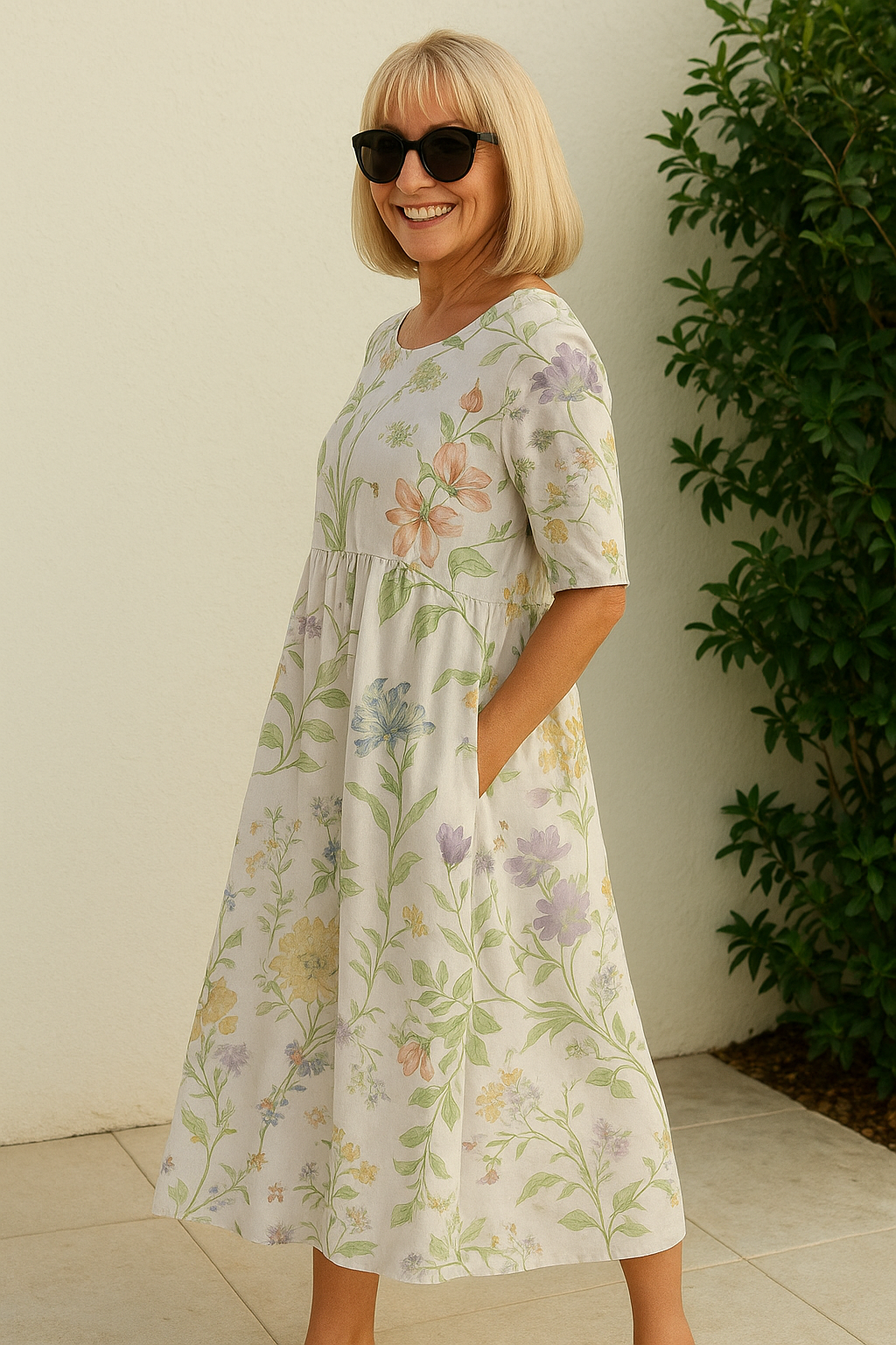 Eliza | Women's Relaxed Midi Dress, Three-Quarter Sleeve Lightweight Day Dress