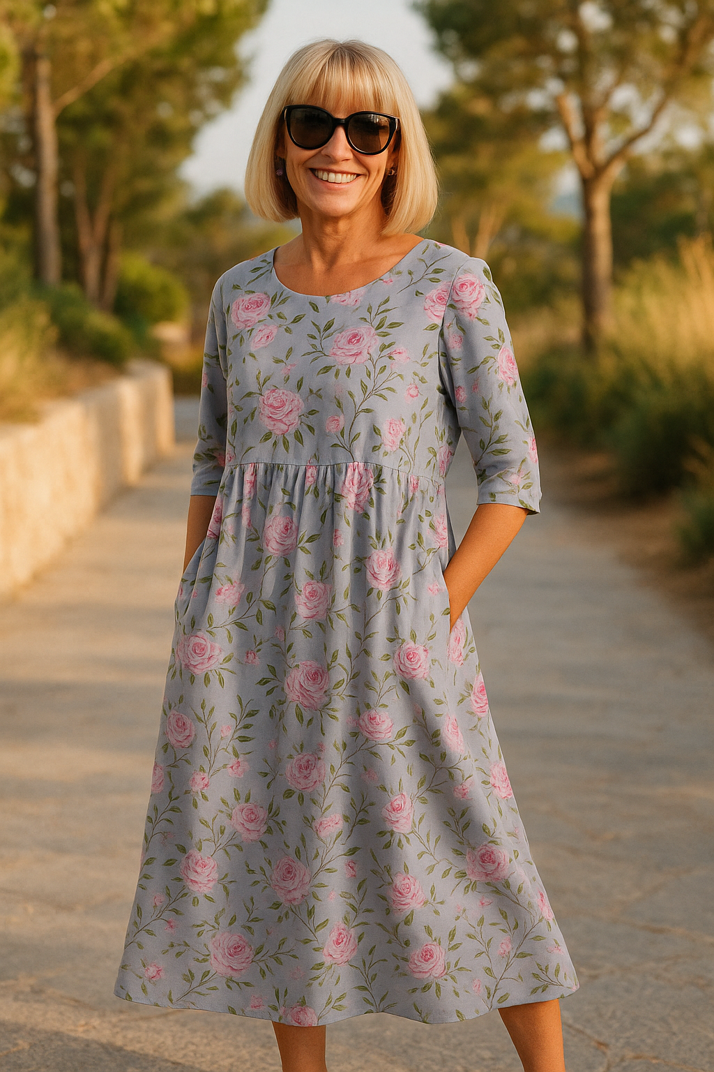 Eliza | Women's Relaxed Midi Dress, Three-Quarter Sleeve Lightweight Day Dress