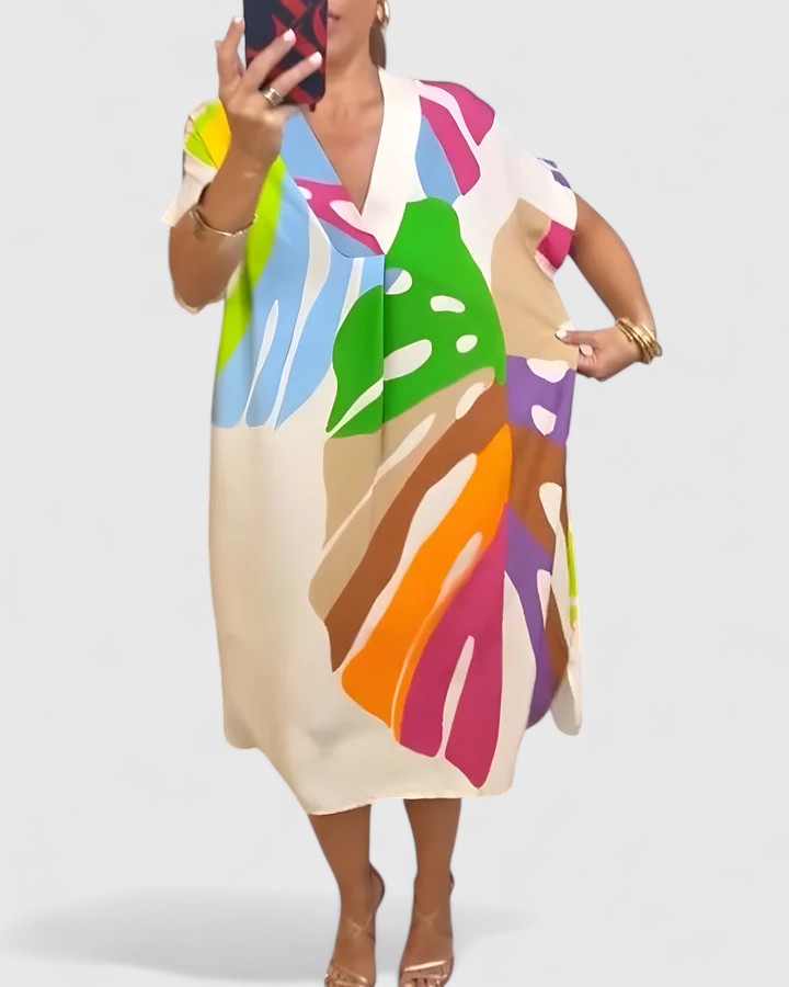 Cymarie | Women's Leaf Print Midi Dress, Loose Fit Breathable Summer Dress
