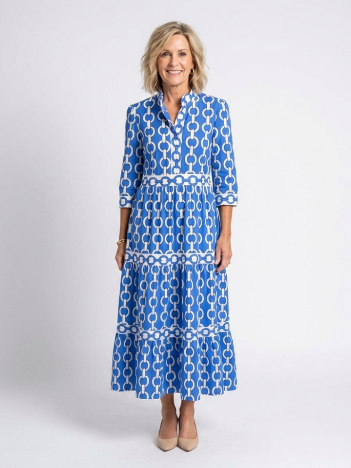 Ysolde | Vestido Midi com Estampa de Corrente e Manga 3/4