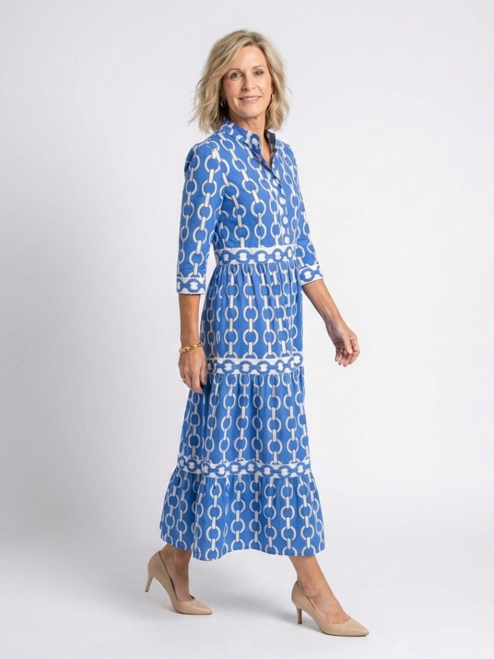 Ysolde | Vestido Midi com Estampa de Corrente e Manga 3/4