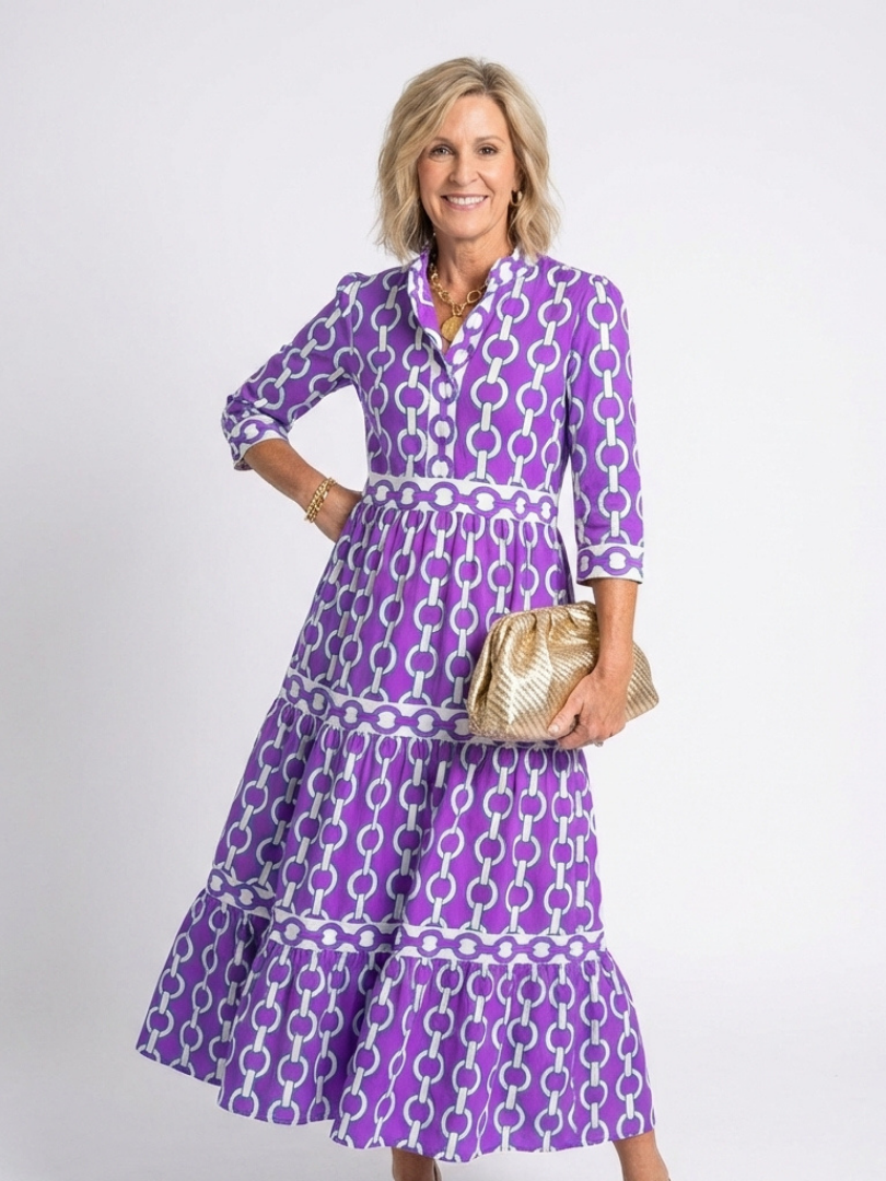 Ysolde | Vestido Midi com Estampa de Corrente e Manga 3/4