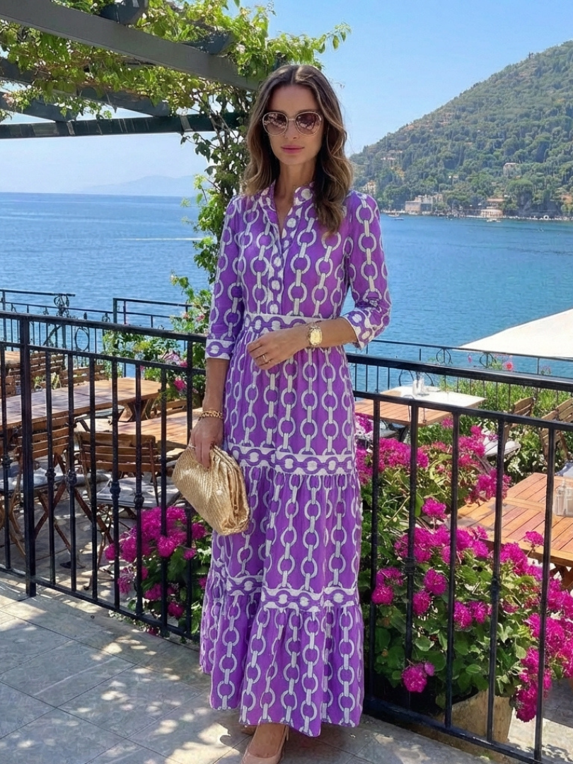 Ysolde | Vestido Midi com Estampa de Corrente e Manga 3/4