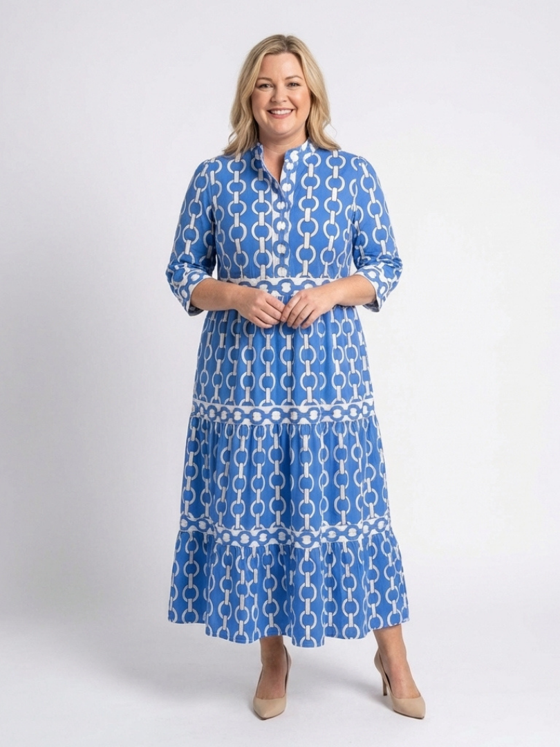 Ysolde | Vestido Midi com Estampa de Corrente e Manga 3/4