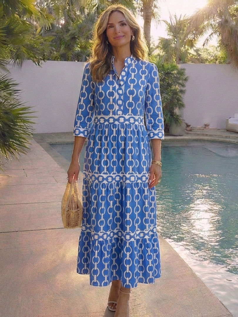 Ysolde | Vestido Midi com Estampa de Corrente e Manga 3/4