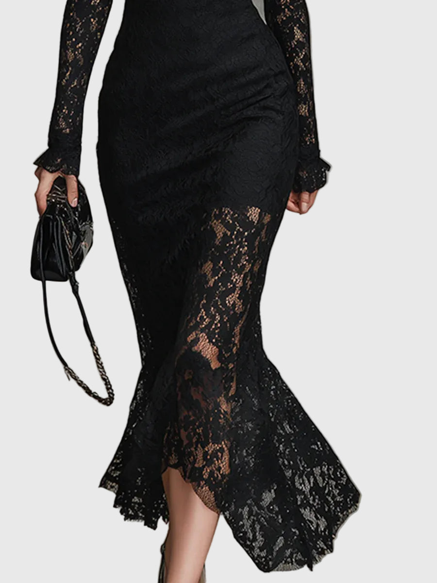 Monica | Vestido Maxi Elegante com Renda e Cauda de Peixe