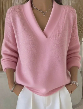 Faye | Women's Pink Relaxed V-Neck Sweater, Draped Soft Knit Pullover for Everyday Wear