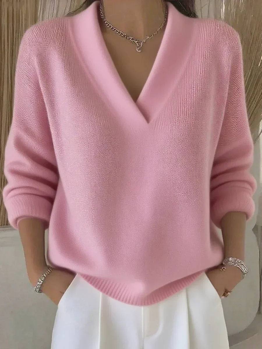 Faye | Women's Pink Relaxed V-Neck Sweater, Draped Soft Knit Pullover for Everyday Wear