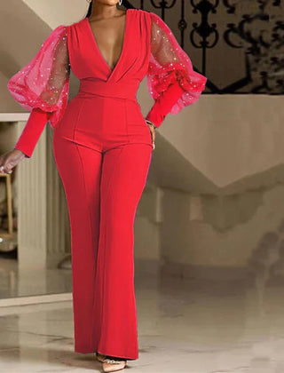 Mikaela | Women's Embellished Wrap-Front Jumpsuit, Wide-Leg Mesh Sleeve Evening Jumpsuit