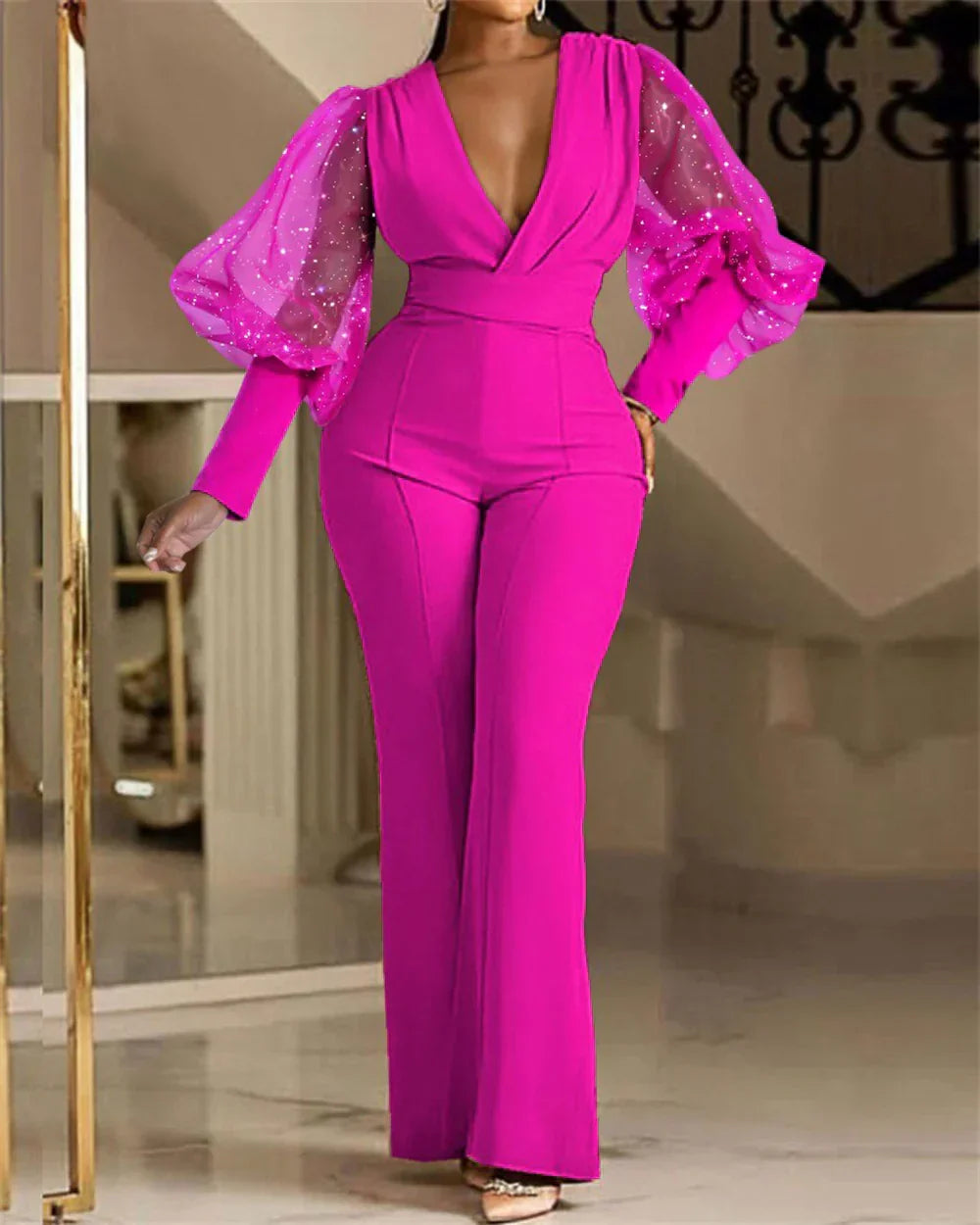 Mikaela | Women's Embellished Wrap-Front Jumpsuit, Wide-Leg Mesh Sleeve Evening Jumpsuit