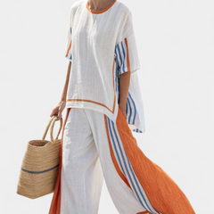 Alodia | Women's Striped Two-Piece Set, Relaxed Top and Wide-Leg Trousers Outfit
