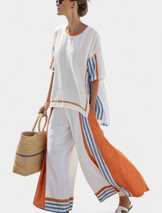 Alodia | Women's Striped Two-Piece Set, Relaxed Top and Wide-Leg Trousers Outfit