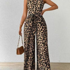 Frankie | Women's Leopard Print Jumpsuit, Sleeveless Deep V-Neck Party Jumpsuit