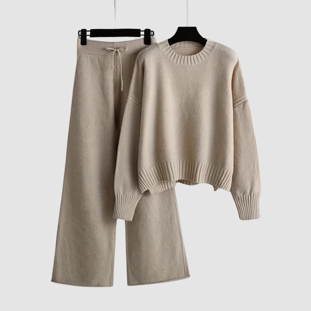 Conjunto Emily Cozy de Malha para Lazer | Suéter Confortável e Calças de Perna Larga