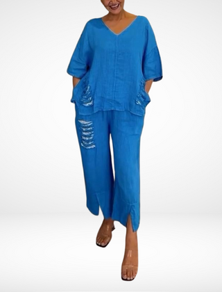 Briella | Women's Two-Piece Summer Set, Sequin Accent V-Neck Top and Wide-Leg Pants
