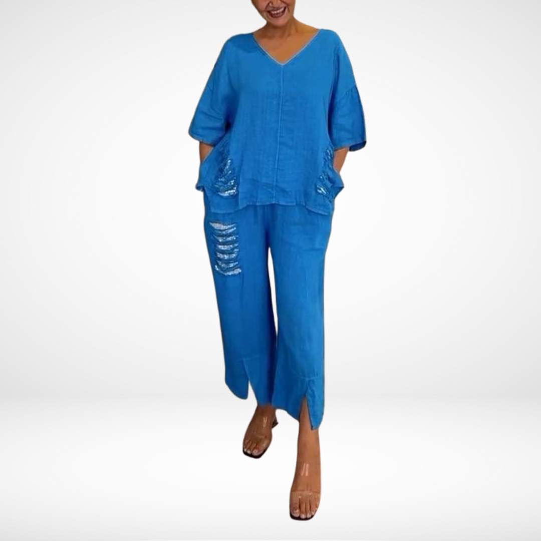 Conjunto de Verão Elegante Briella de Duas Peças | Blusa Decote V e Calça Pantalona