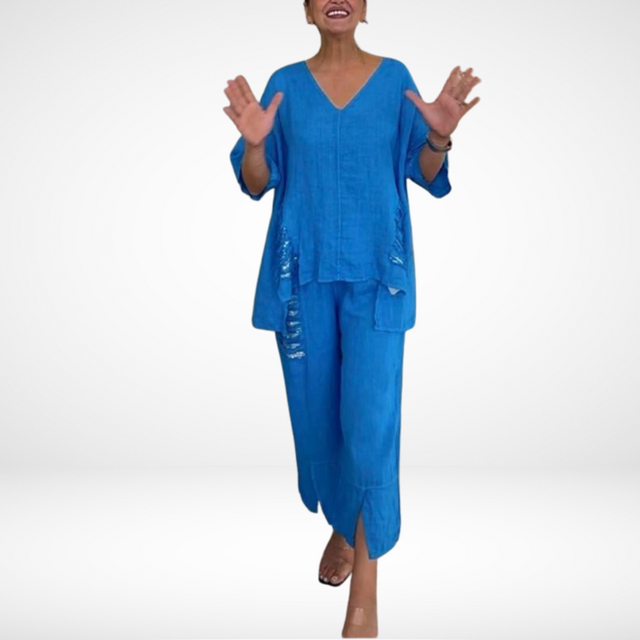 Conjunto de Verão Elegante Briella de Duas Peças | Blusa Decote V e Calça Pantalona