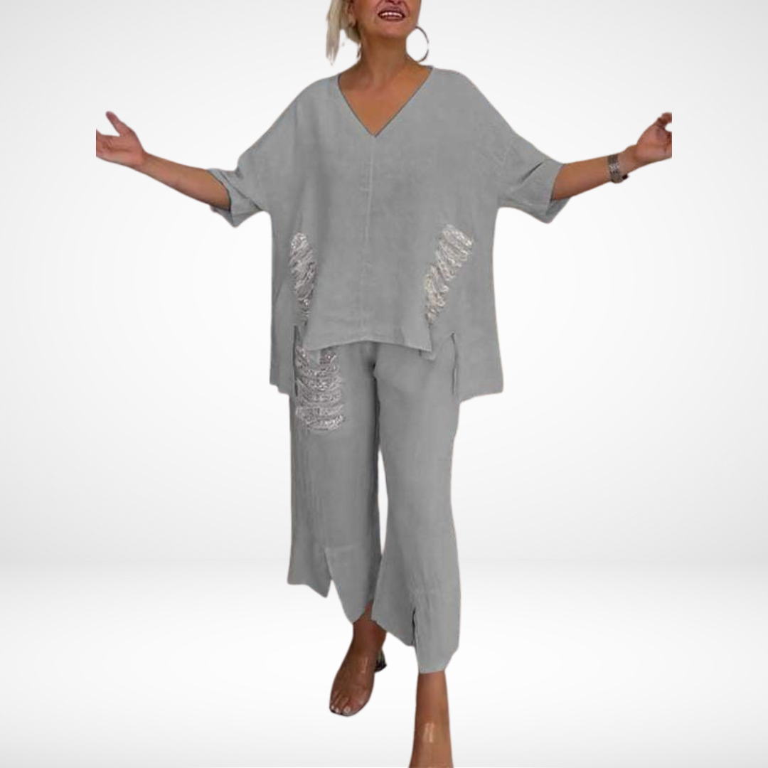 Conjunto de Verão Elegante Briella de Duas Peças | Blusa Decote V e Calça Pantalona