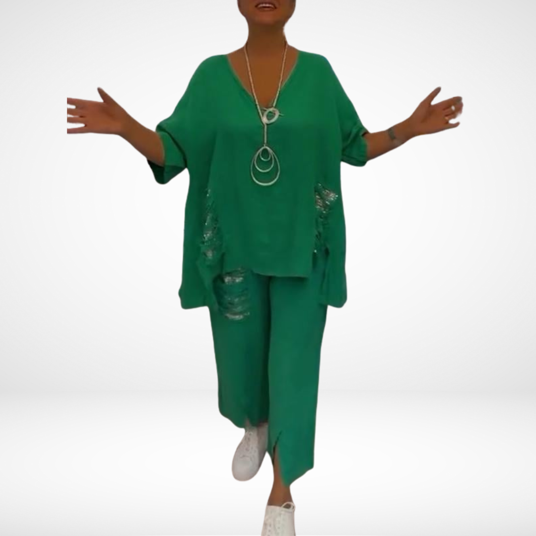 Conjunto de Verão Elegante Briella de Duas Peças | Blusa Decote V e Calça Pantalona