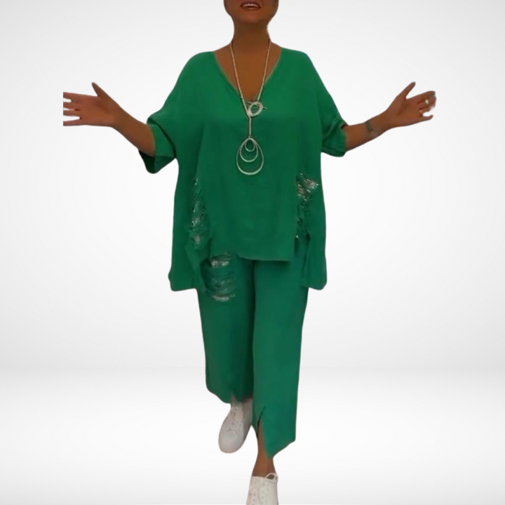 Conjunto de Verão Elegante Briella de Duas Peças | Blusa Decote V e Calça Pantalona