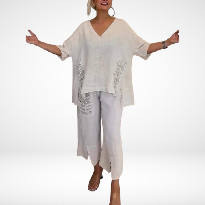 Conjunto de Verão Elegante Briella de Duas Peças | Blusa Decote V e Calça Pantalona