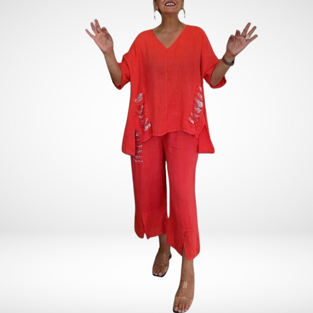 Conjunto de Verão Elegante Briella de Duas Peças | Blusa Decote V e Calça Pantalona