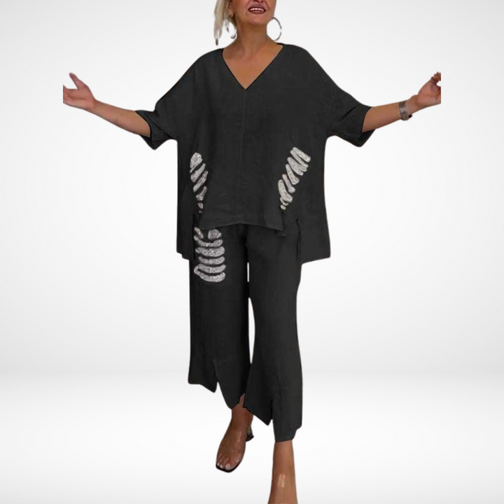 Conjunto de Verão Elegante Briella de Duas Peças | Blusa Decote V e Calça Pantalona