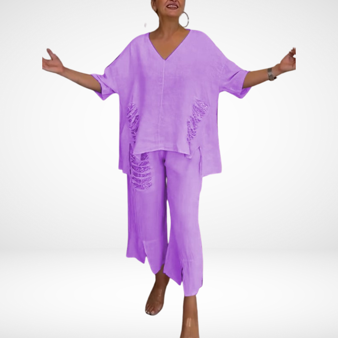Conjunto de Verão Elegante Briella de Duas Peças | Blusa Decote V e Calça Pantalona