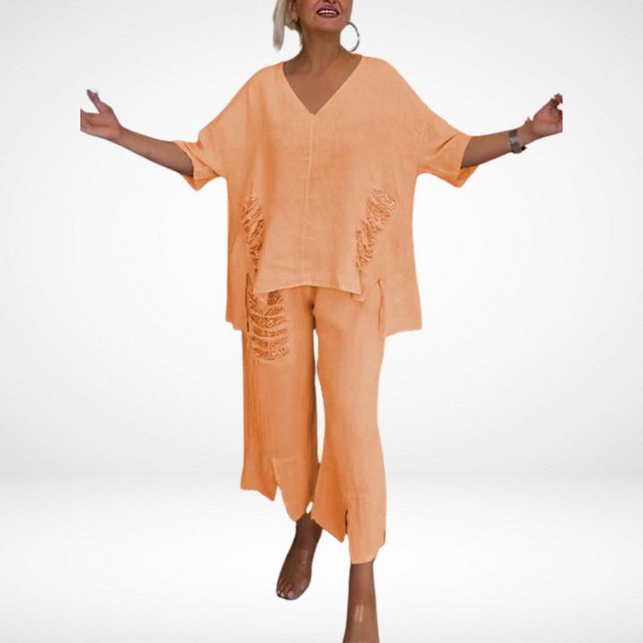Conjunto de Verão Elegante Briella de Duas Peças | Blusa Decote V e Calça Pantalona