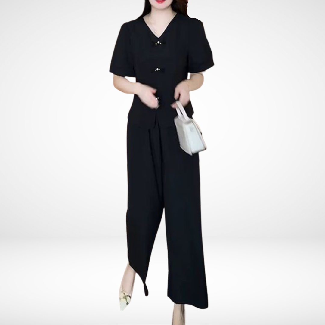 Conjunto Elegante Elsie de Duas Peças com Manga Curta | Blusa Decote V e Calça Pantalona
