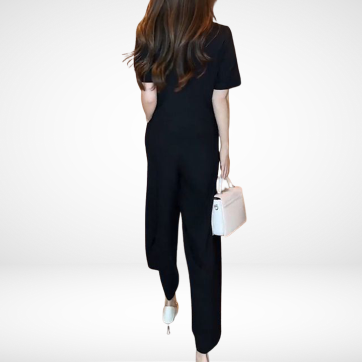 Conjunto Elegante Elsie de Duas Peças com Manga Curta | Blusa Decote V e Calça Pantalona