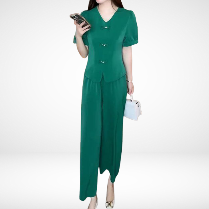 Conjunto Elegante Elsie de Duas Peças com Manga Curta | Blusa Decote V e Calça Pantalona