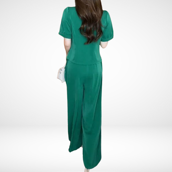 Conjunto Elegante Elsie de Duas Peças com Manga Curta | Blusa Decote V e Calça Pantalona