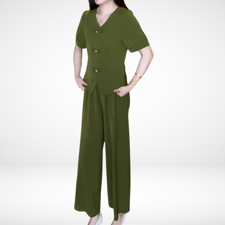 Conjunto Elegante Elsie de Duas Peças com Manga Curta | Blusa Decote V e Calça Pantalona