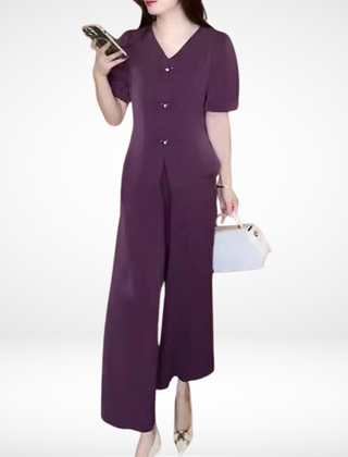 Elsie | Women's Short Sleeve Two-Piece Set, V-Neck Top and Wide-Leg Pants Outfit