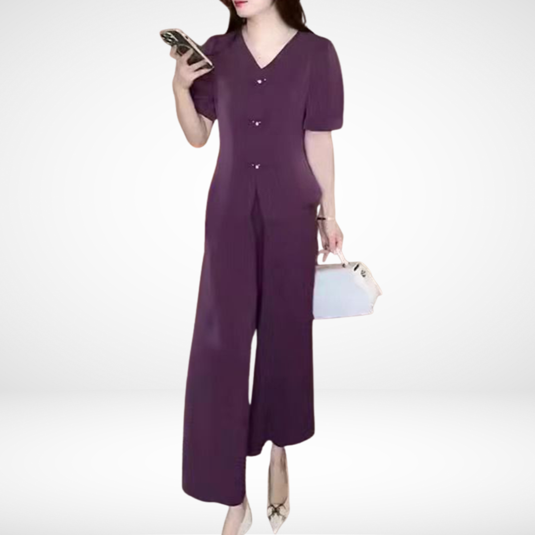 Conjunto Elegante Elsie de Duas Peças com Manga Curta | Blusa Decote V e Calça Pantalona