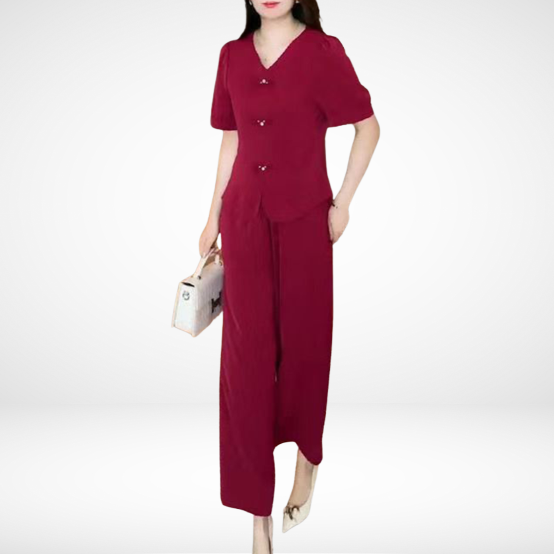 Conjunto Elegante Elsie de Duas Peças com Manga Curta | Blusa Decote V e Calça Pantalona