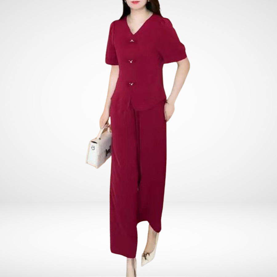 Elsie | Women's Short Sleeve Two-Piece Set, V-Neck Top and Wide-Leg Pants Outfit