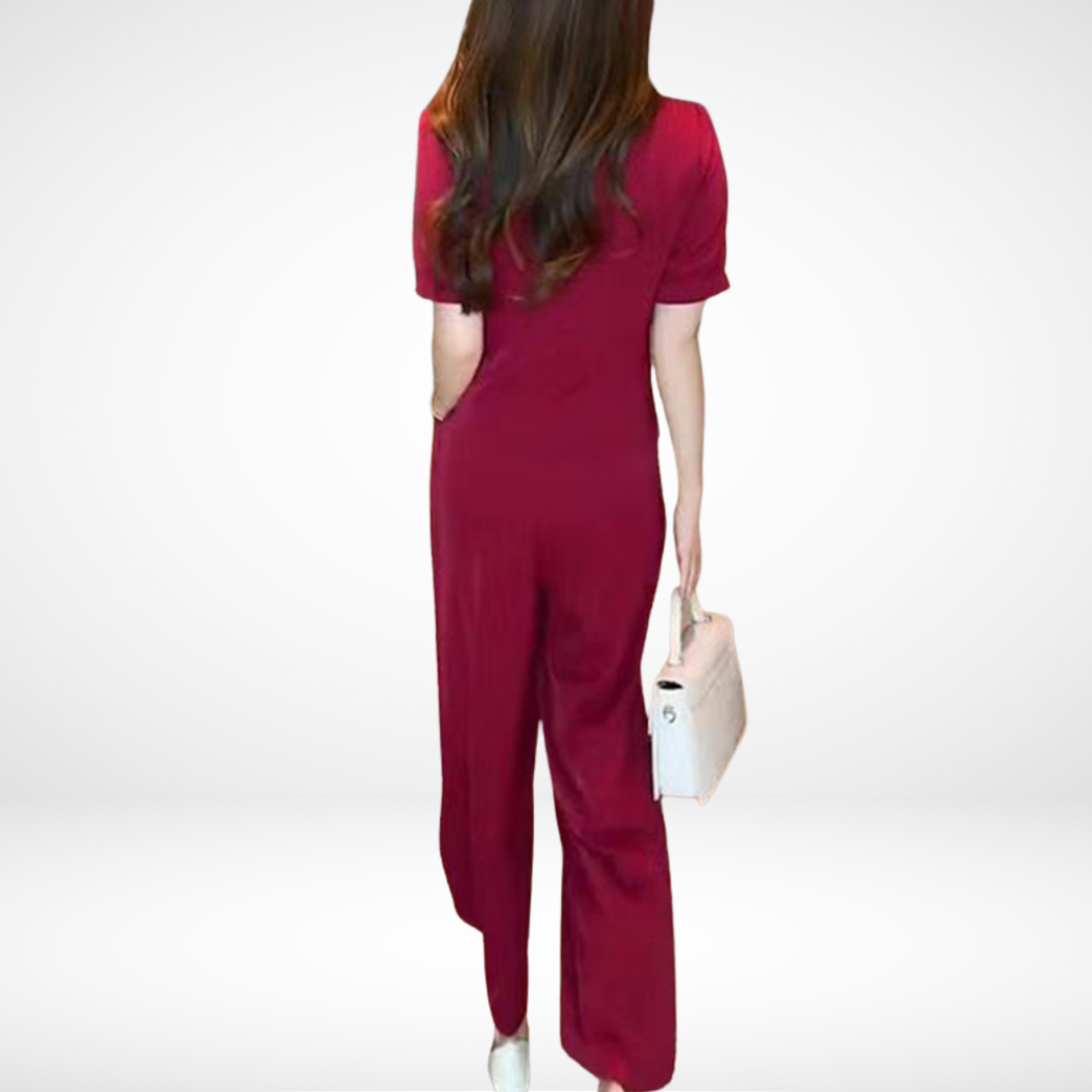 Conjunto Elegante Elsie de Duas Peças com Manga Curta | Blusa Decote V e Calça Pantalona
