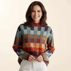 Isabelle | Women's Checked Wool Blend Sweater, Warm Relaxed Fit Knit Pullover