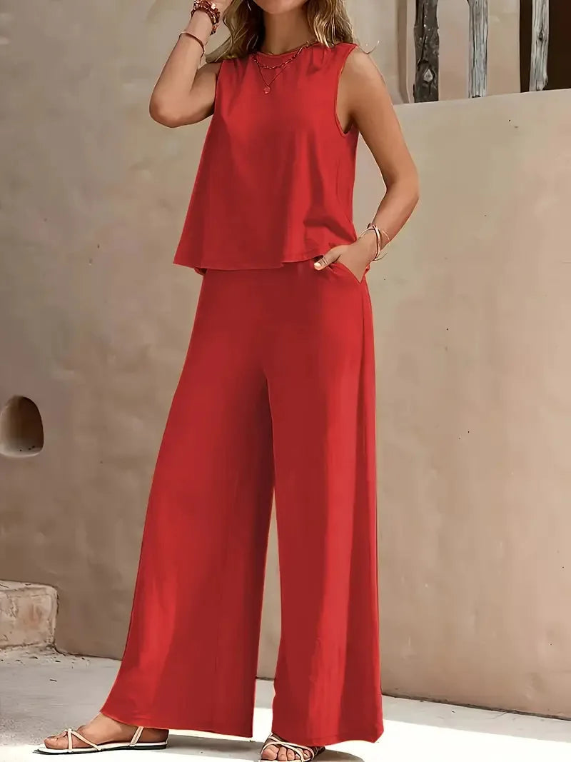 Conjunto Danielle sem Mangas de Duas Peças | Top sem Mangas e Calça Pantalona